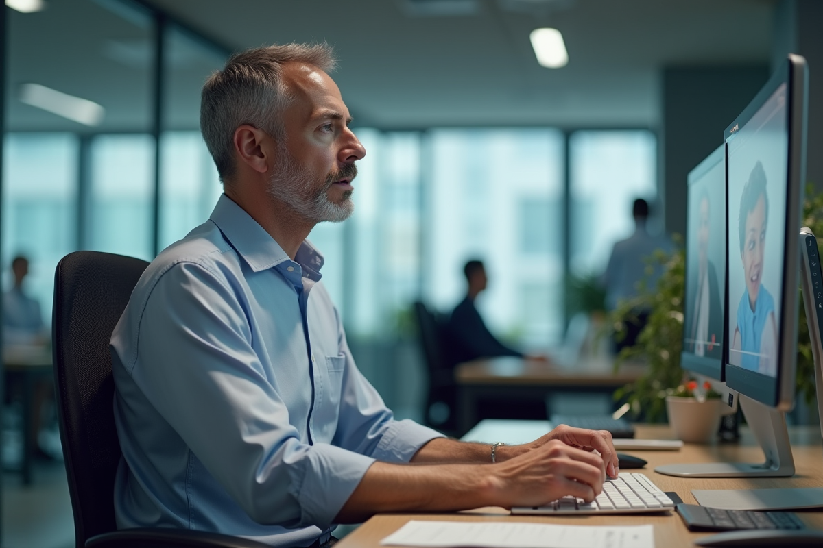 Homme en visioconference dans un bureau spacieux