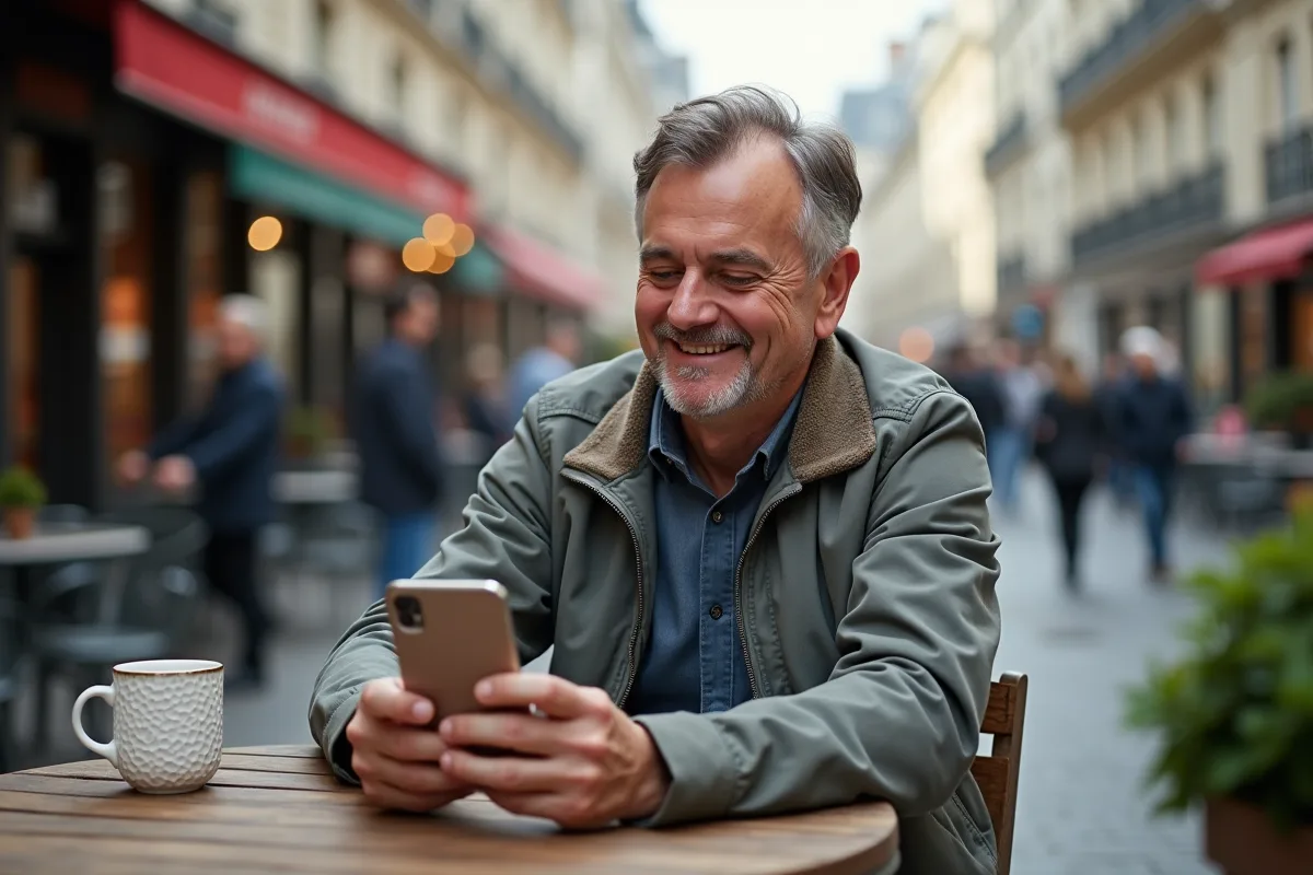 Homme souriant avec gadget technologique dans un café parisien