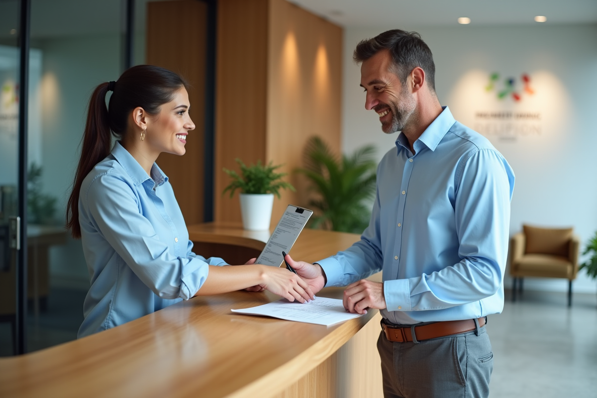 Homme daffaires remettant un formulaire à la reception