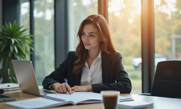 Jeune femme confiante lisant des documents juridiques au bureau