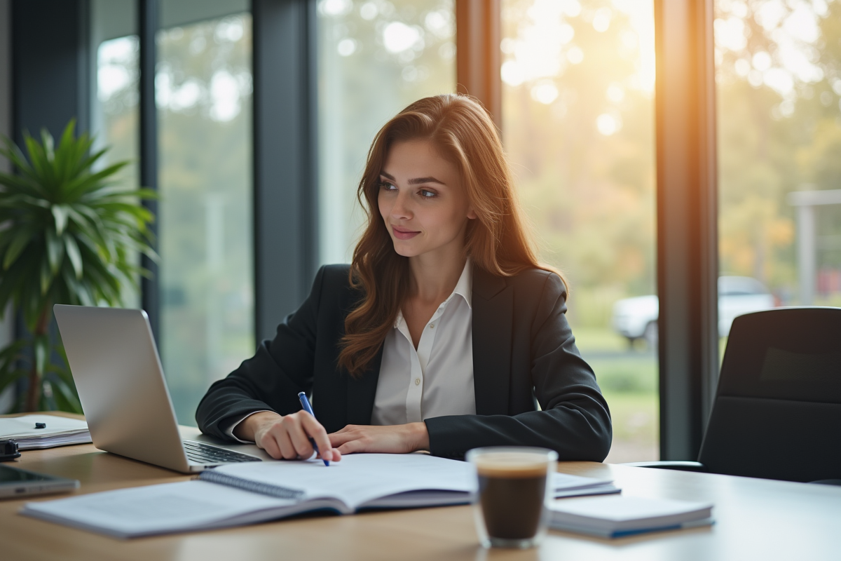 Jeune femme confiante lisant des documents juridiques au bureau