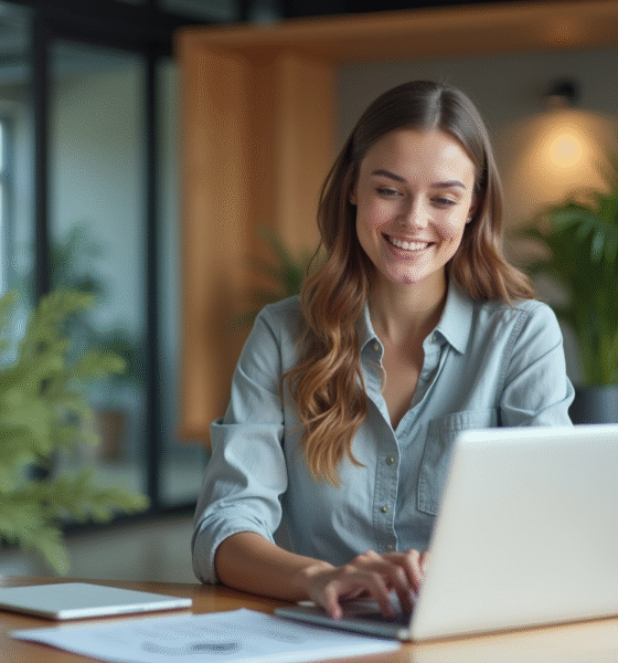Jeune femme professionnelle souriante au bureau moderne