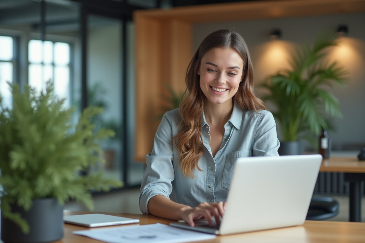 Jeune femme professionnelle souriante au bureau moderne