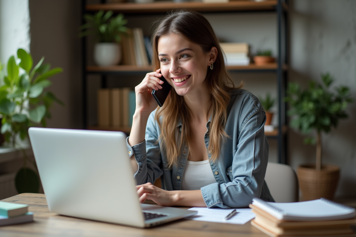Jeune femme entrepreneure au homeoffice souriante au téléphone