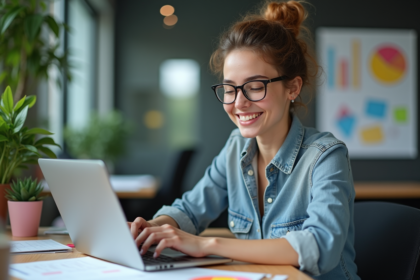 Jeune femme professionnelle travaillant sur un ordinateur dans un espace coworking