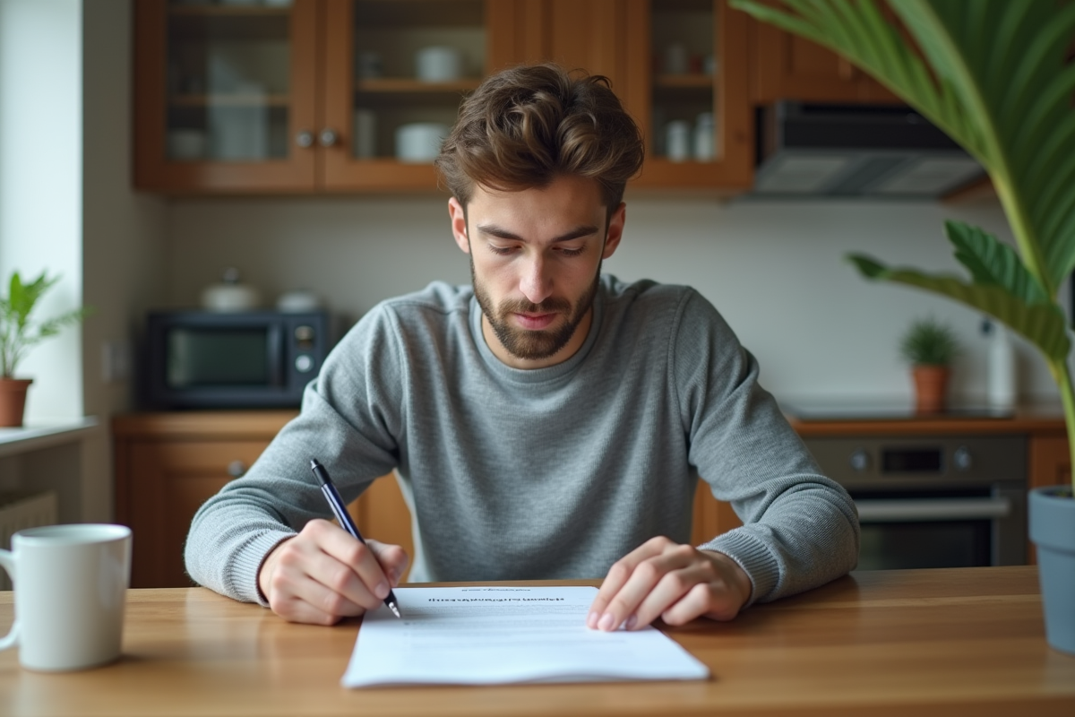 Jeune homme lit un contrat à la maison dans la cuisine