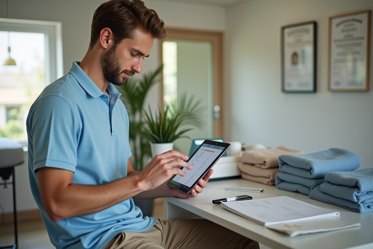 Jeune homme vérifiant un planning dans un studio de massage