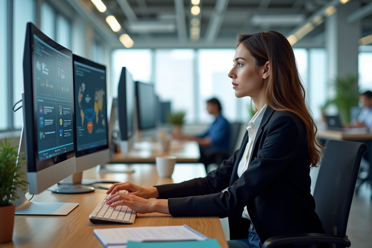 Jeune femme IT travaillant sur CRM en open space