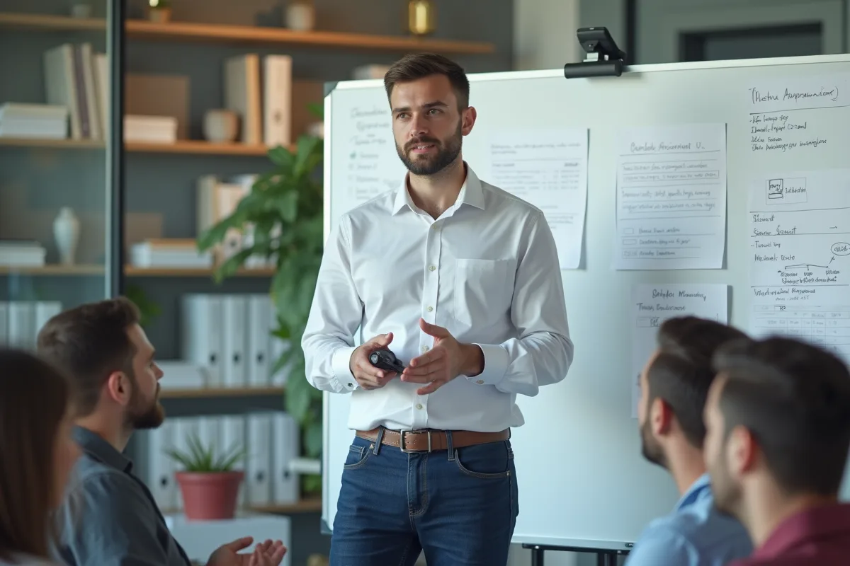 Jeune manager en présentation devant un tableau blanc