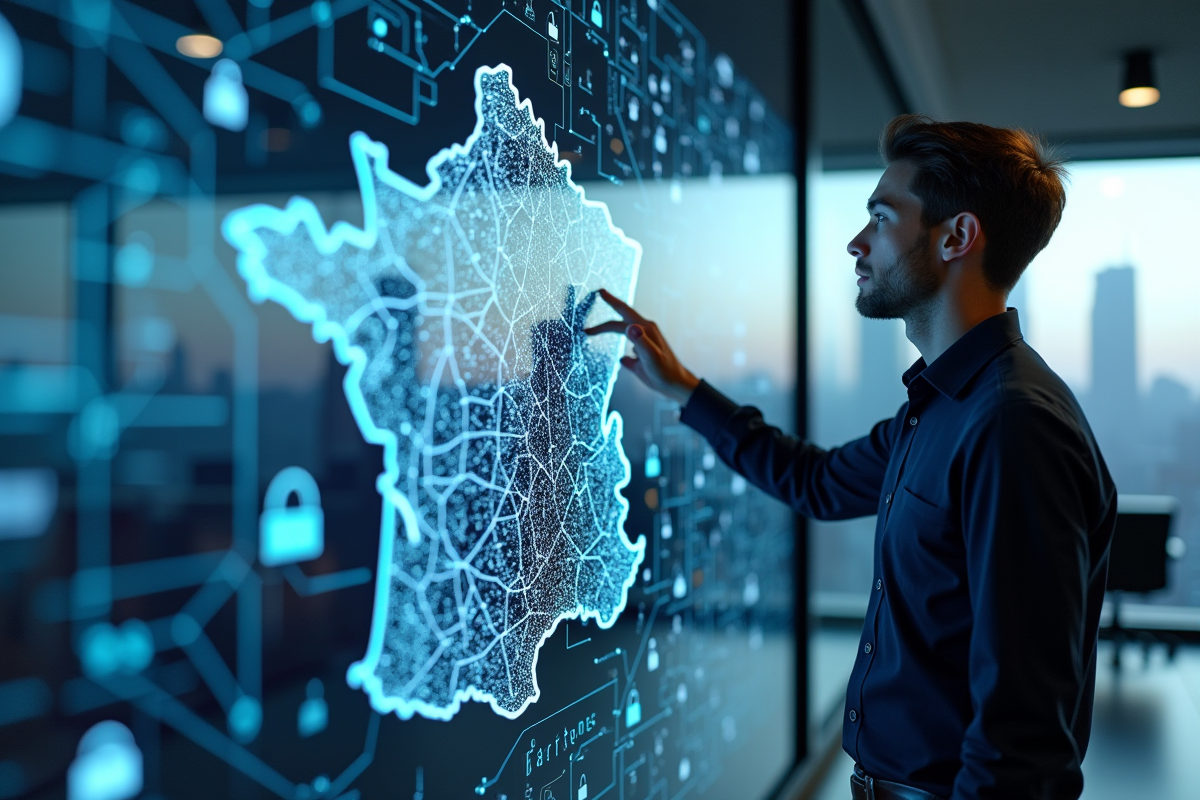 Jeune professionnel IT interagissant avec un mur numérique à Paris