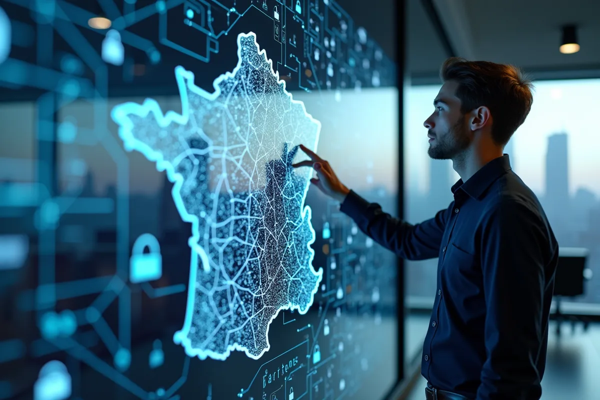 Jeune professionnel IT interagissant avec un mur numérique à Paris