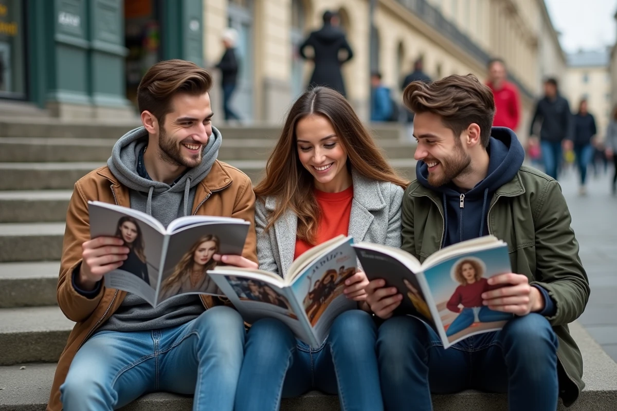 Jeunes partageant magazines dans la rue à Paris