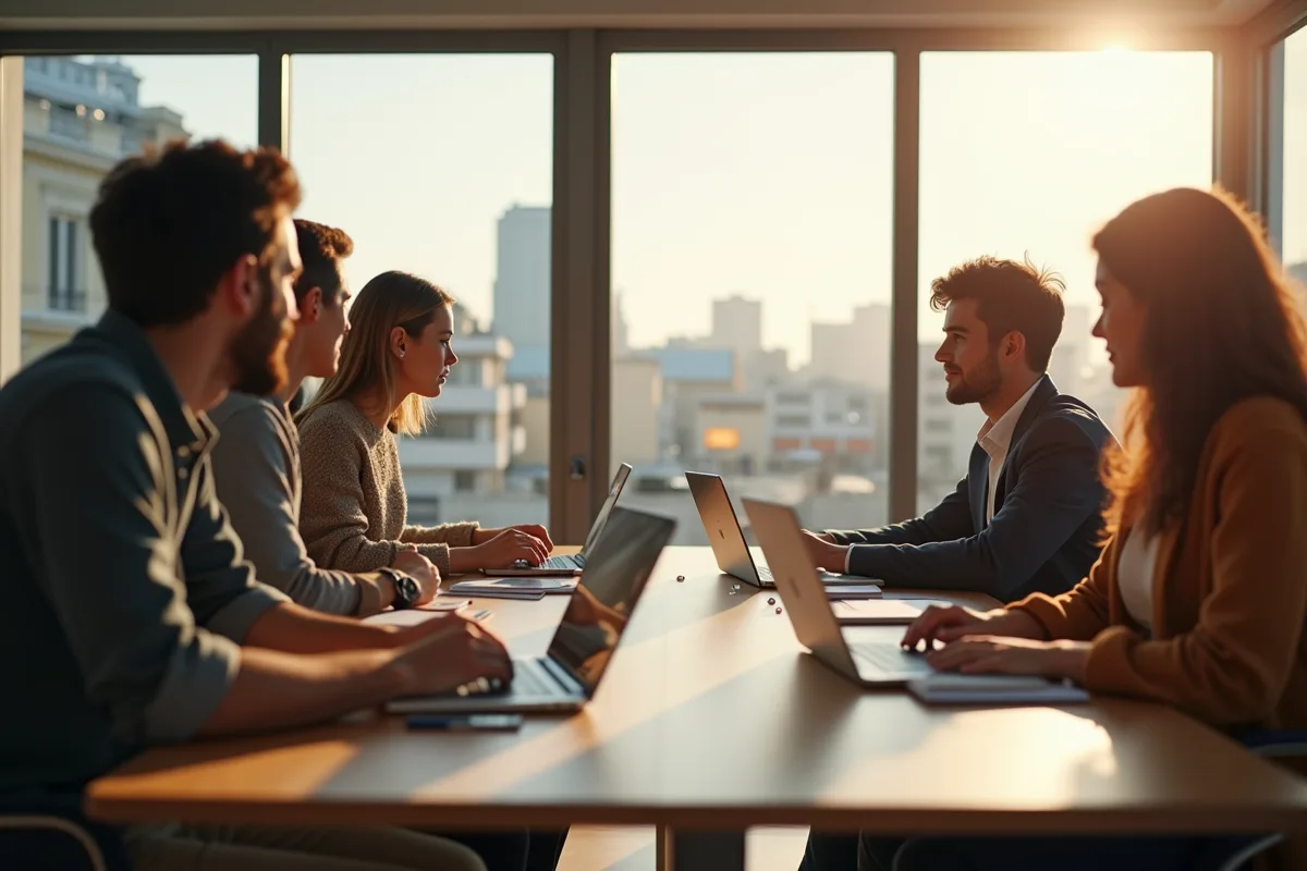 Groupe de jeunes professionnels collaborant dans un bureau lumineux à Bordeaux