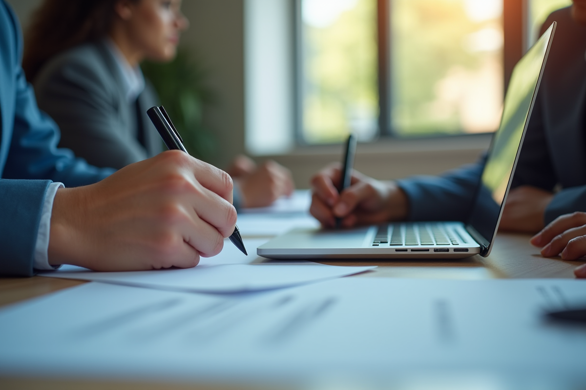 Mains utilisant un ordinateur portable et prenant des notes techniques