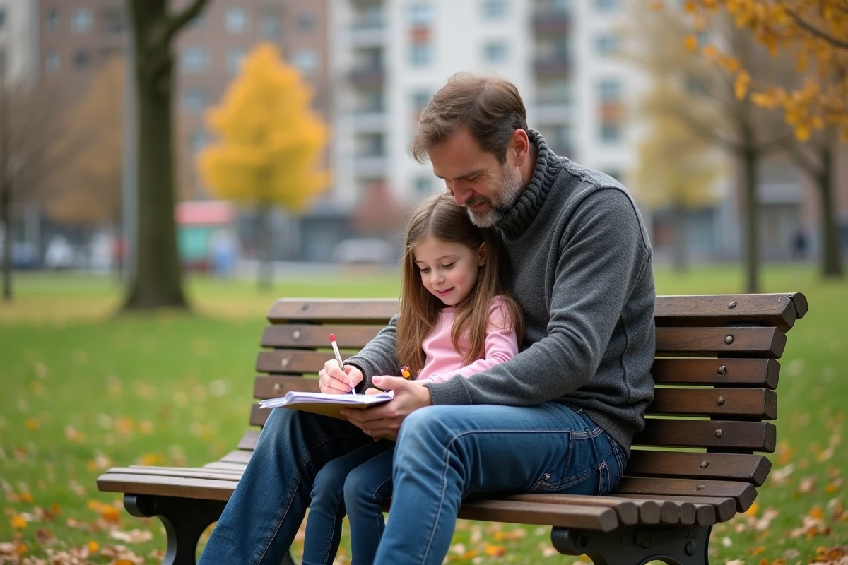 Père aidant sa fille à faire ses devoirs dans un parc urbain