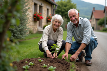 Femme et homme âgé plantant des jeunes arbres dans un village