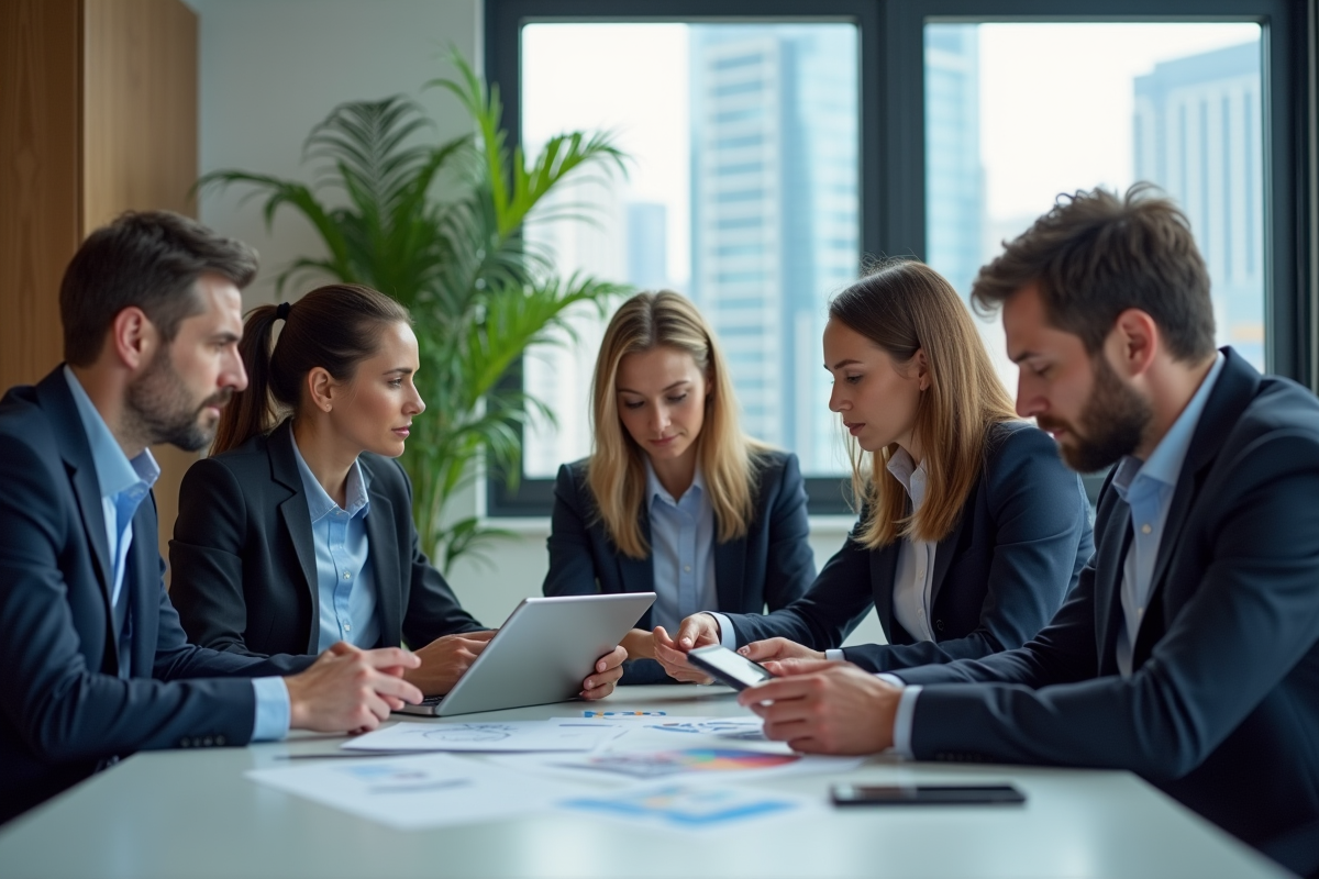 Groupe de professionnels en réunion dans un bureau moderne