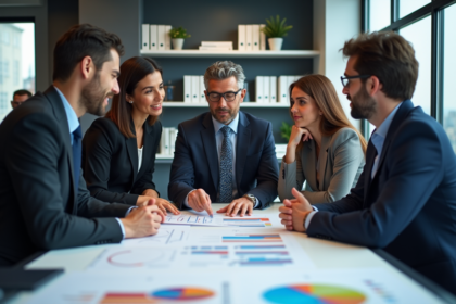 Cinq professionnels d'affaires lors d'une réunion dans un bureau moderne