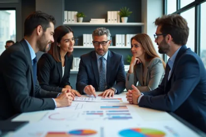 Cinq professionnels d'affaires lors d'une réunion dans un bureau moderne