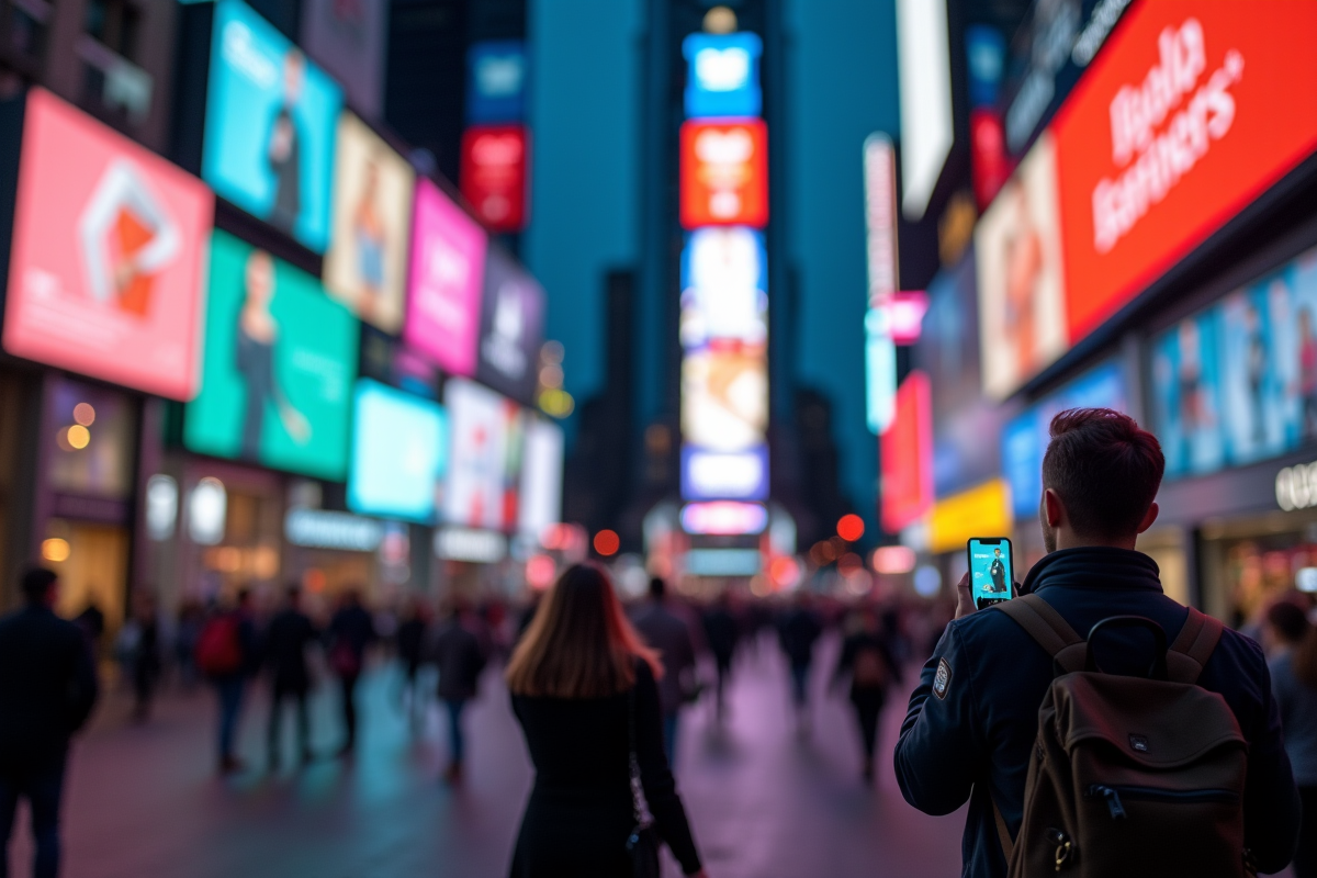Rue animée avec panneaux publicitaires en ligne et smartphone lumineux
