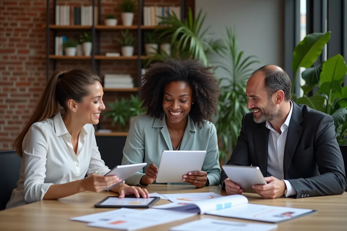 Groupe de professionnels en réunion dans un espace de coworking