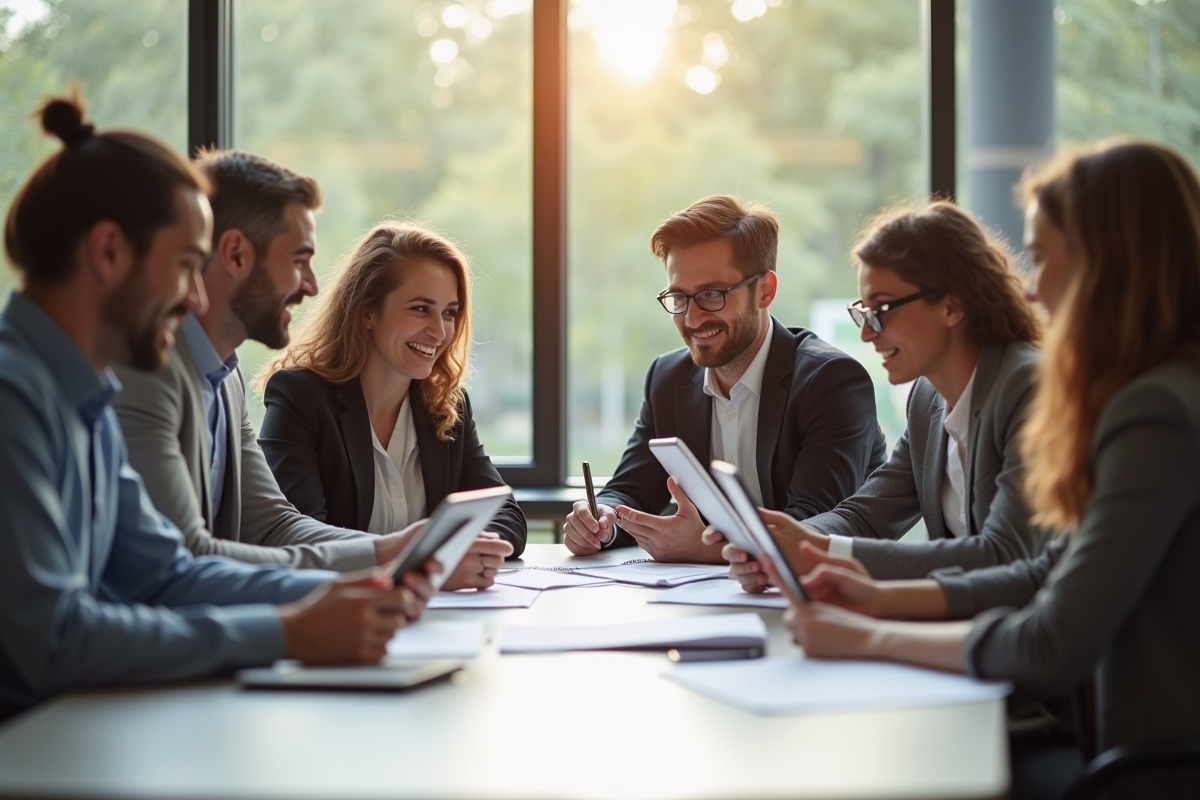 Groupe d'employes divers lors d'une reunion de travail