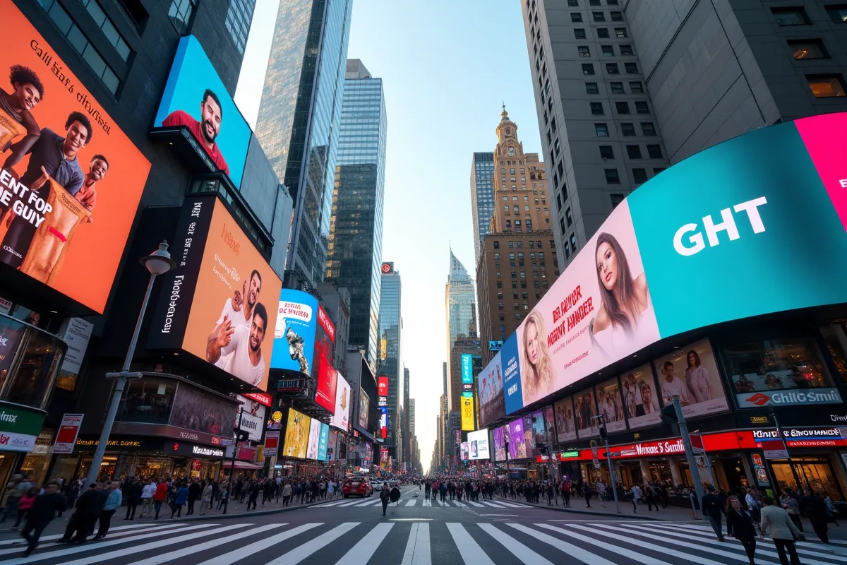 Rue animée avec panneaux publicitaires numériques et piétons ensoleilles
