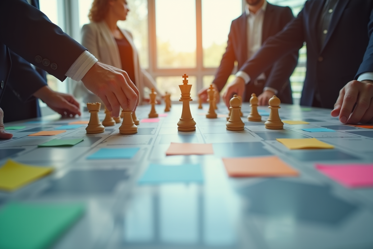 Groupe de travail ajuste une strategie avec des notes et echecs