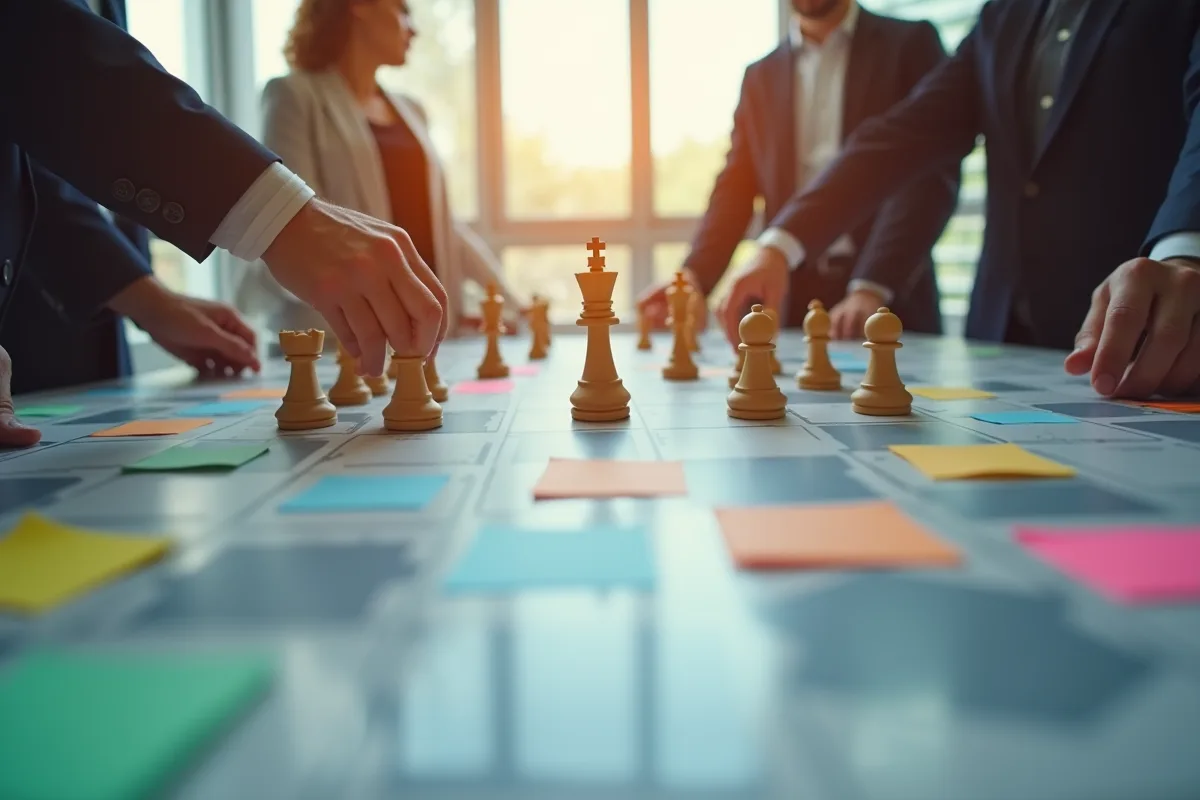Groupe de travail ajuste une strategie avec des notes et echecs