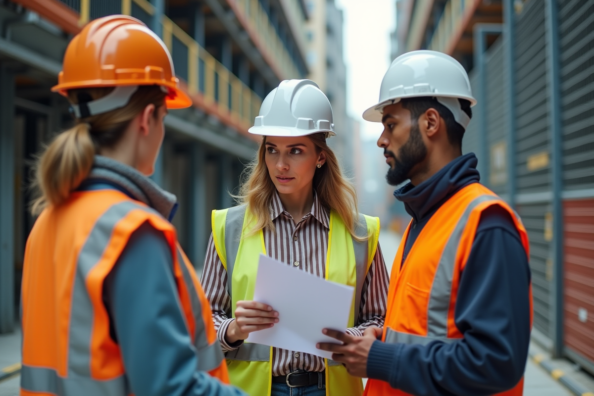 Superviseure de chantier discutant sécurité avec ouvriers